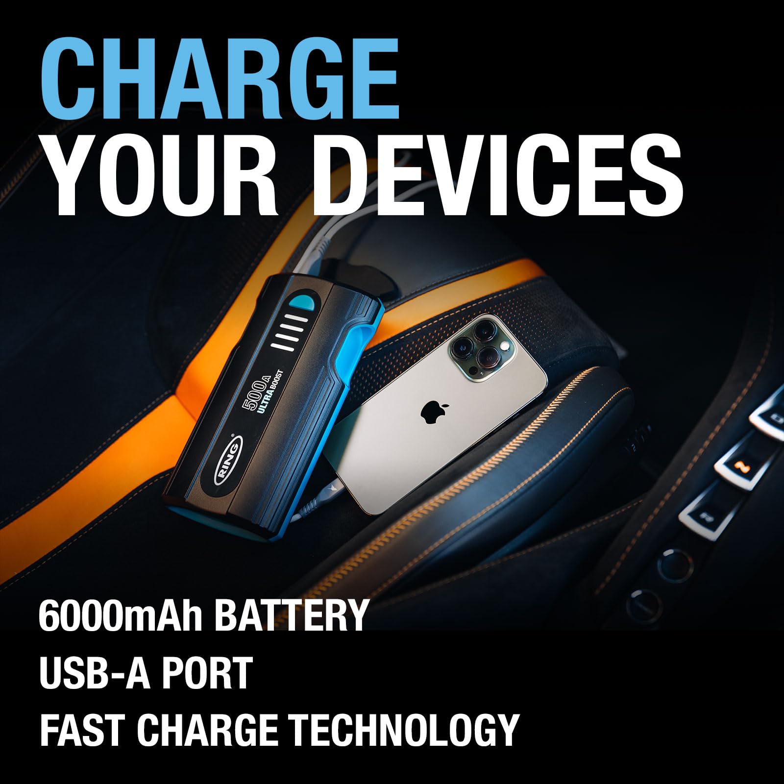 RING ULTRABOOST 1500A Car Battery Jump Starter Power Pack - Safely Starts Up to 6 Litre Petrol and 3 Litre Diesel Engines - Battery Booster with Jump Leads, Portable USB Powerbank and LED Torch
