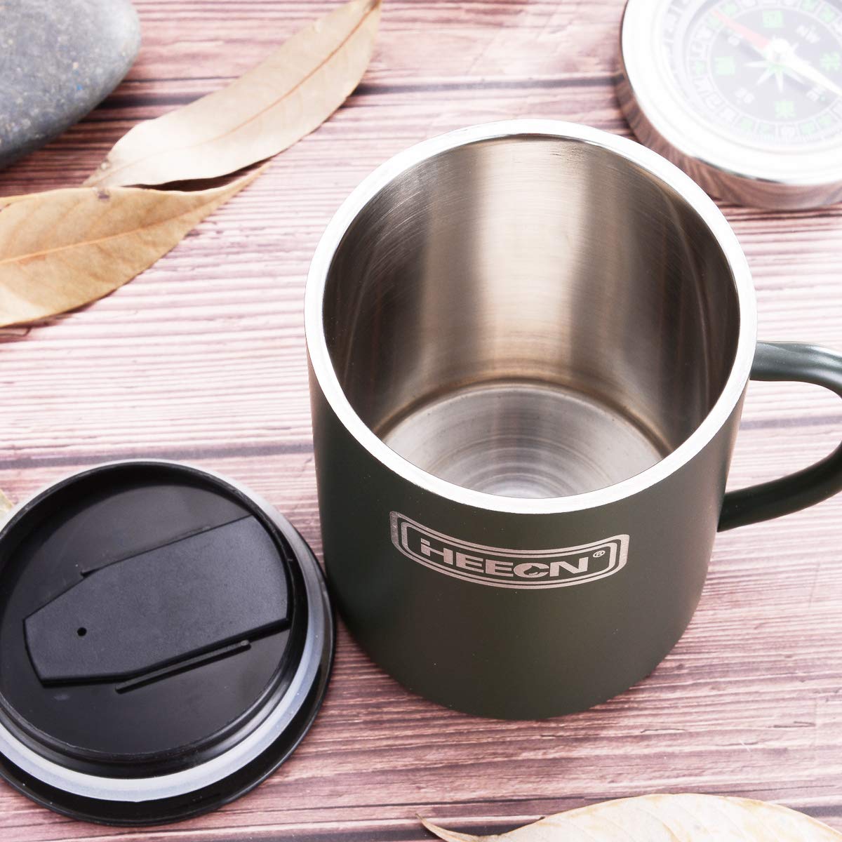 HEECN Camping Mugs - Double Walled Stainless Steel Mug for Hot Drinks with Lid - Army Green - Backpacking – Trekking – Hiking - HESS-038BG (10oz with Rotating lid)