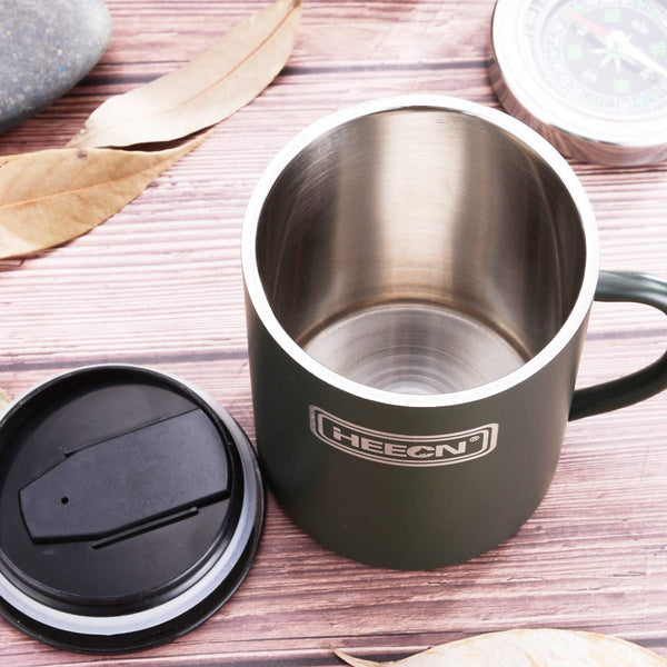 HEECN Camping Mugs - Double Walled Stainless Steel Mug for Hot Drinks with Lid - Army Green - Backpacking – Trekking – Hiking - HESS-038BG (10oz with Rotating lid)