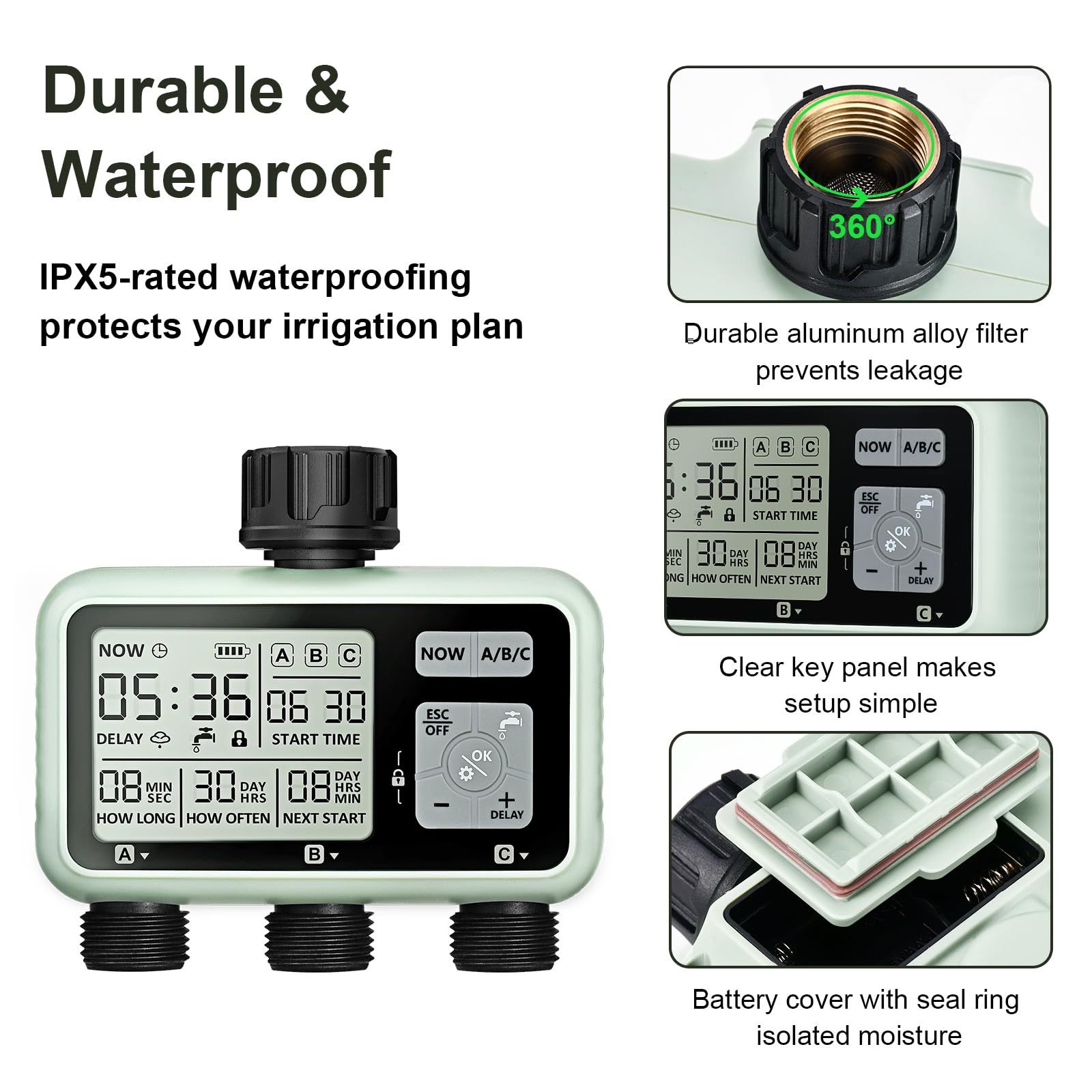 Johgee 3 Zone Water Timer for Irrigation, Sprinkler Timer 3 Outlet, Garden Hose Timer, Garden Watering System Irrigation System Controller with Auto &