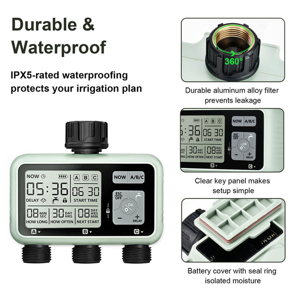 Johgee 3 Zone Water Timer for Irrigation, Sprinkler Timer 3 Outlet, Garden Hose Timer, Garden Watering System Irrigation System Controller with Auto &