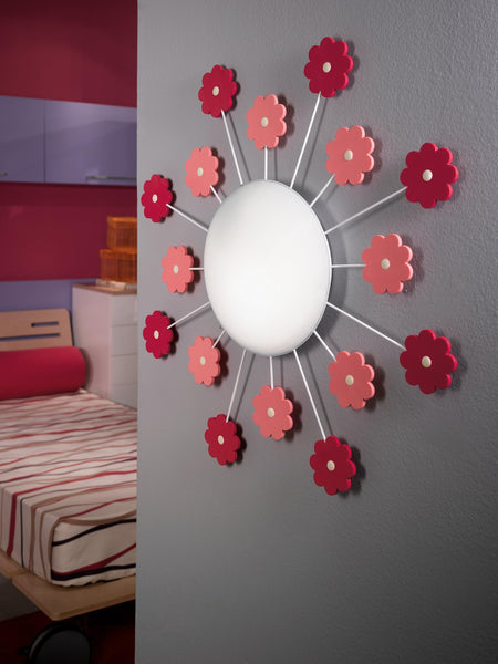 Eglo Viki 1 Ceiling Light, Children's Room Wall Lighting, Ceiling Lamp in Steel Pink and White Stained Glass, E27 Socket
