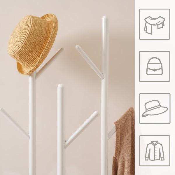 HOOBRO Coat Stand, Coat Rack for Hallway, Freestanding Coat Rack Stand with 8 Hooks, Storage Shelves, Hall Trees for Clothes, White EWT33YM01