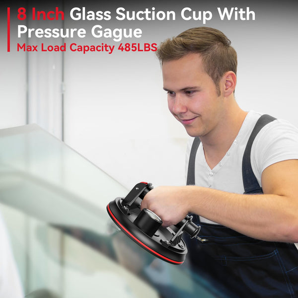 Avhrit 8-Inch Tile Suction Cups Lifter with Pressure Gauge, 485 lbs/220 kg Load Capacity, Heavy Duty Glass Vacuum Suction Cup for Replacing Auto Windshields, Tiles, Granite, and Floors (Two Cups)