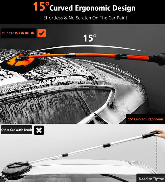 YeewayVeh Car Wash Brush, 43" Extendable Car Wash Brush Mop with Long Handle, 15 Degree Curved Soft Car Cleaning Brush kit with Extra Microfiber Brush Head for Truck SUV Cleaning, Orange