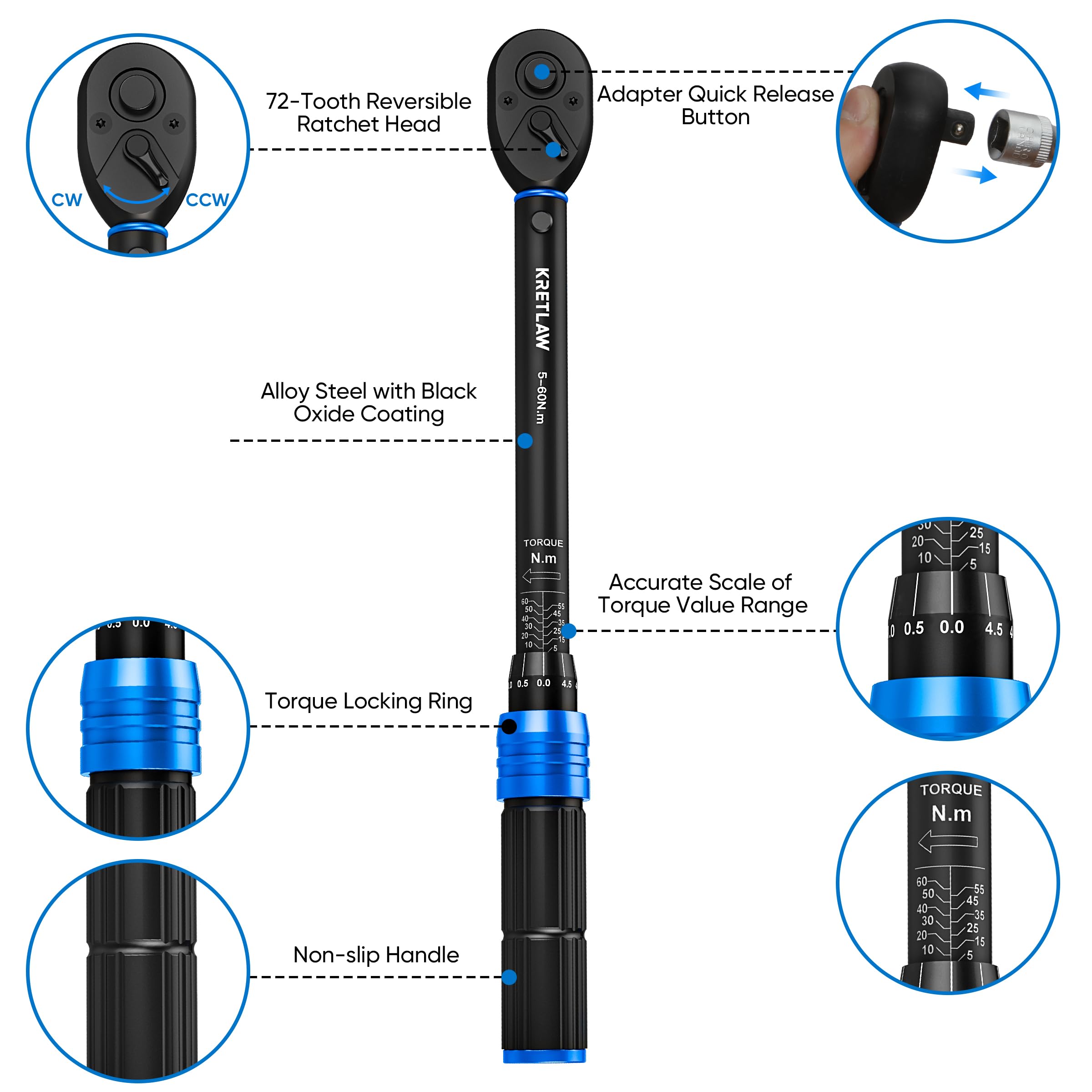KRETLAW 3/8" Torque Wrench Set 30PCs, 5-60 Nm Drive Click Torque Wrench (72 Teeth ±3% Accuracy) with Extensions, Sockets, Adapter for Bike and Motorcycle Car Truck Maintenance