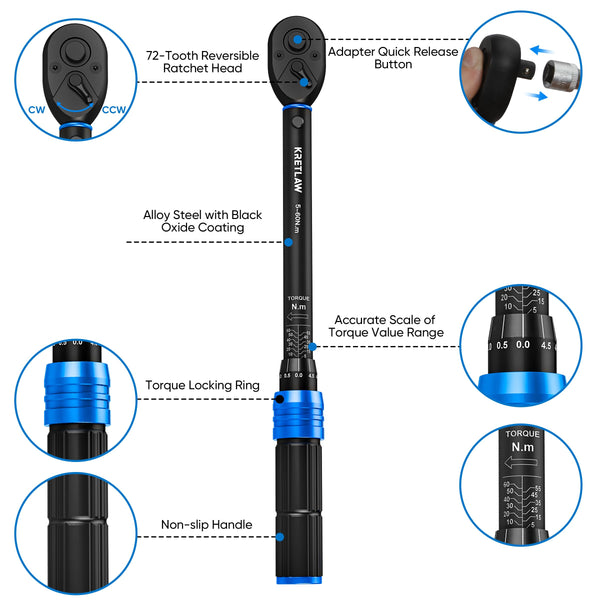 KRETLAW 3/8" Torque Wrench Set 30PCs, 5-60 Nm Drive Click Torque Wrench (72 Teeth ±3% Accuracy) with Extensions, Sockets, Adapter for Bike and Motorcycle Car Truck Maintenance