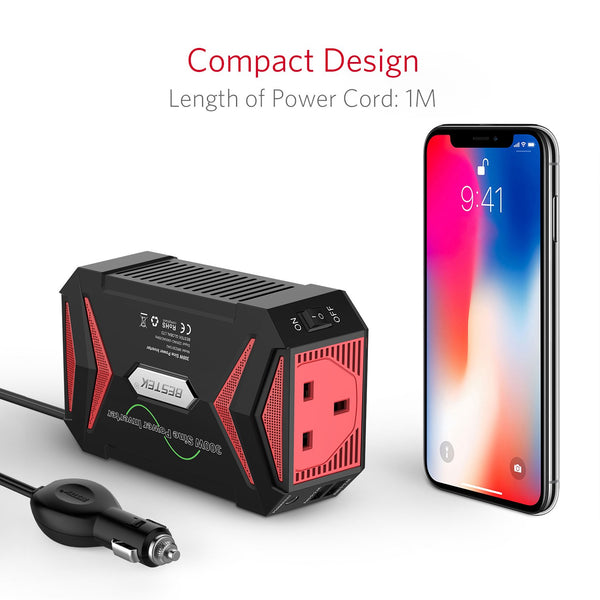 BESTEK 300W Pure Sine Wave Power Inverter 12V to 240V 230V with 4.8A Dual Smart USB Ports Car Adapter Charge Your Laptop iPad iPhone Tablet Consoles & More