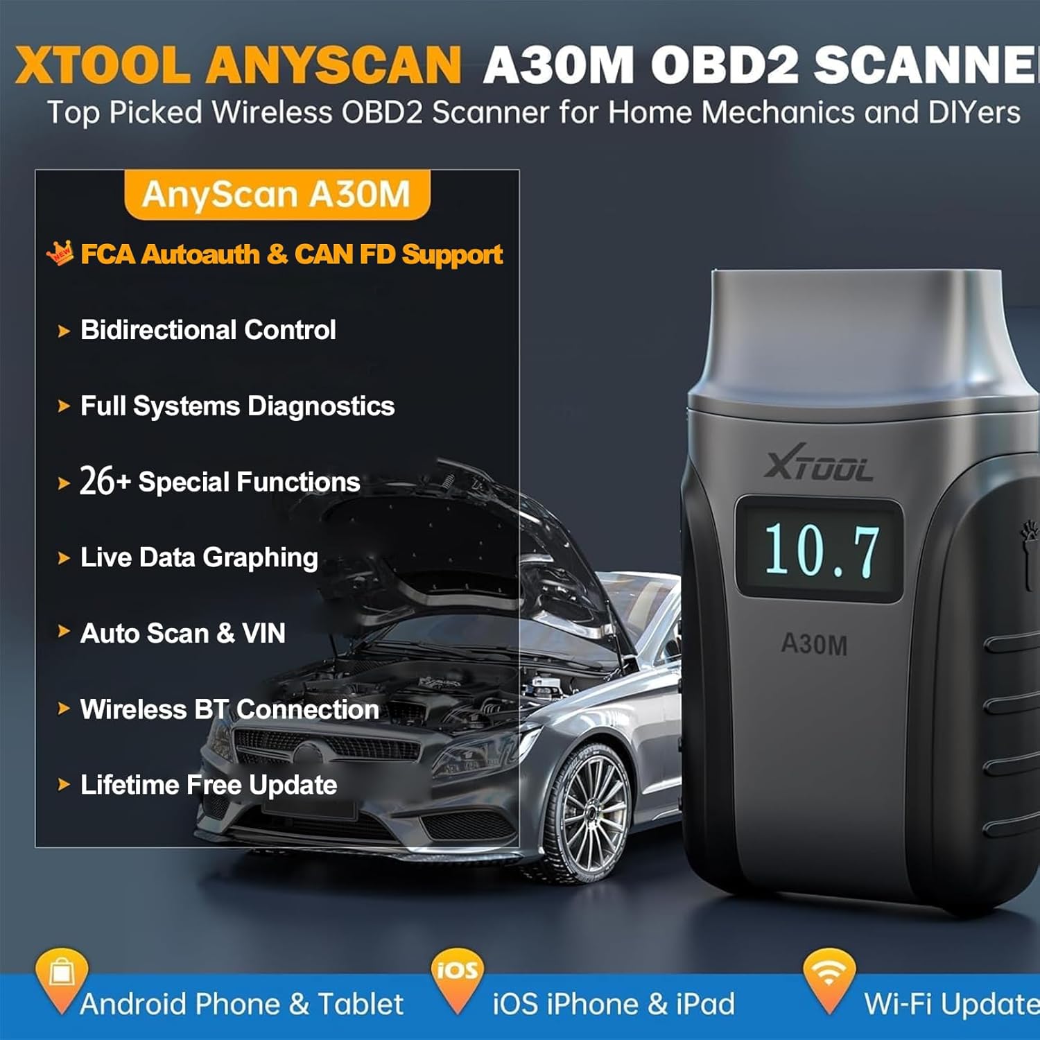 XTOOL A30M OBD2 Scanner BT, Wireless OBD2 Code Reader with 26+ Reset, Bidirectional & All System Car Diagnostic Tool, FCA/CANFD, Car Fault Code Reader and Reset for Android & iOS, Lifetime Free Update