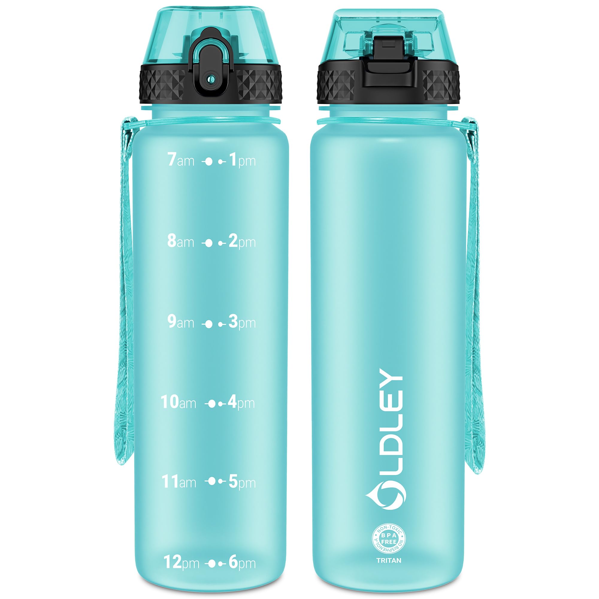 OLDLEY 1L/32oz Sports Water Bottle, 1000ml Motivational Drinks Bottle with Time Markings Leak Proof Drink & Lock Cover & No Straw, BPA Free for Adults Women Men Gym School Cycling Running Hiking