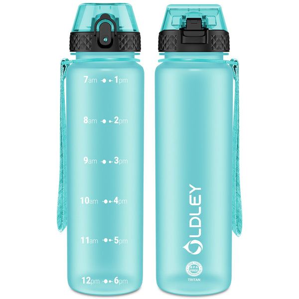 OLDLEY 1L/32oz Sports Water Bottle, 1000ml Motivational Drinks Bottle with Time Markings Leak Proof Drink & Lock Cover & No Straw, BPA Free for Adults Women Men Gym School Cycling Running Hiking