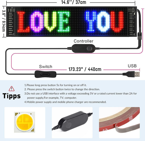 Qnoavve Bluetooth App Control LED Sign, 14.6"x3.6" Devil Eyes Car Lights, Flexible USB 5V LED Car Sign, Programmable Customizable Display Panel, Scrolling Message Board for Store Bar Hotel Party