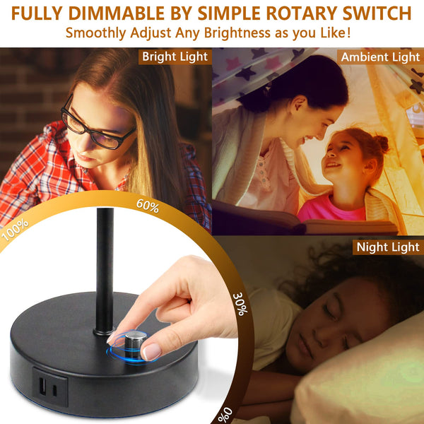 Allesgute Table Lamps Set of 2, 45cm Small Bedside Lamp with USB A + C Charging Ports, Round E27 Desk Light with Dimmable Knob for Bedroom Living Room