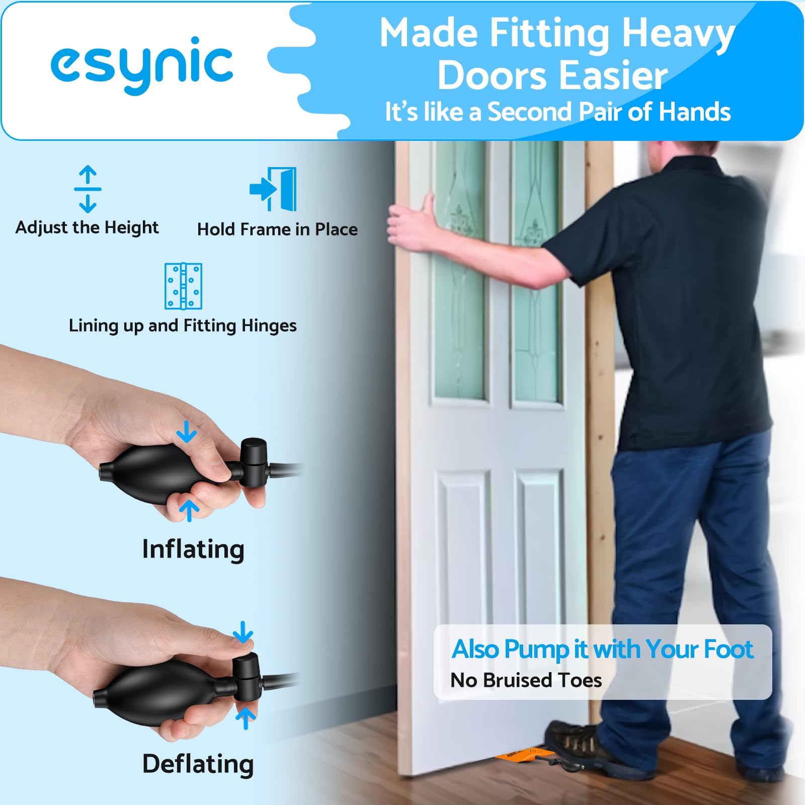 eSynic 3Pack Air Wedge Pump up Bag Inflatable Wedge Winbags Smooth TPU Air Bags for Lifting Door Air Wedge Door Lifter Pump Load-Bearing 297 Pounds/134KG with 4 Plastic Wedges-Blue