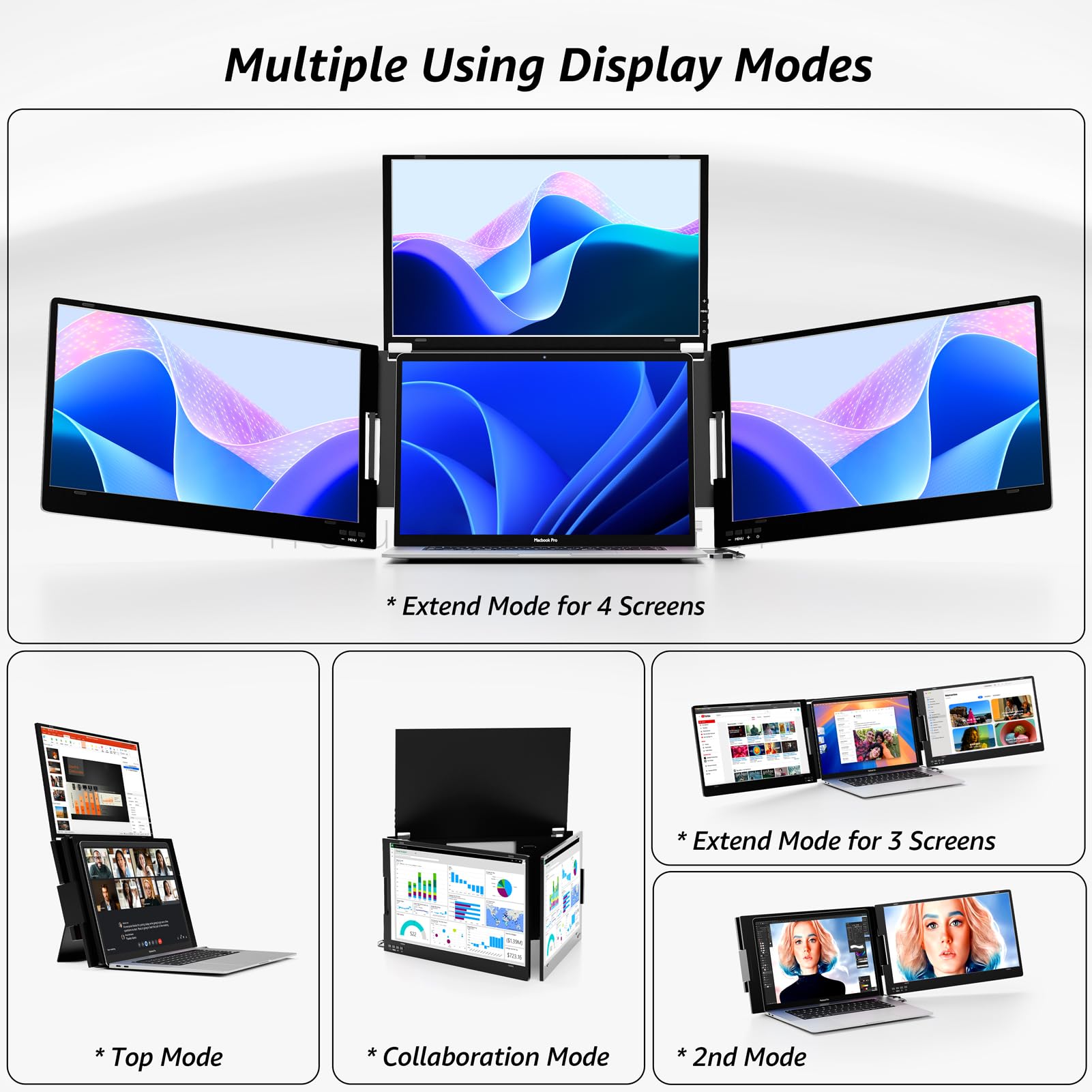 14" Triple Laptop Screen Extender, FHD IPS Multi Screen Extender with USB-C/USB-A, One Cable Connection Laptop Monitor Extender Compatible with Mac Windows Fits 11.6-15.6 Inch Laptops