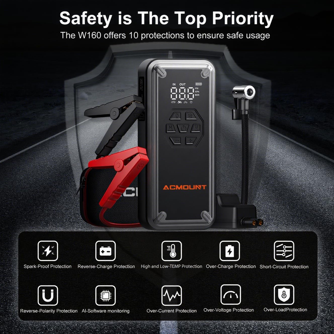 Acmount 5000A Jump Starter Power Pack, 12V Car Battery Booster Jump Starter (Up to 10L Gas and 8L Diesel Engine), Portable Power Bank Jump Pack with Jump Leads, USB QC 3.0, Emergency LED Light