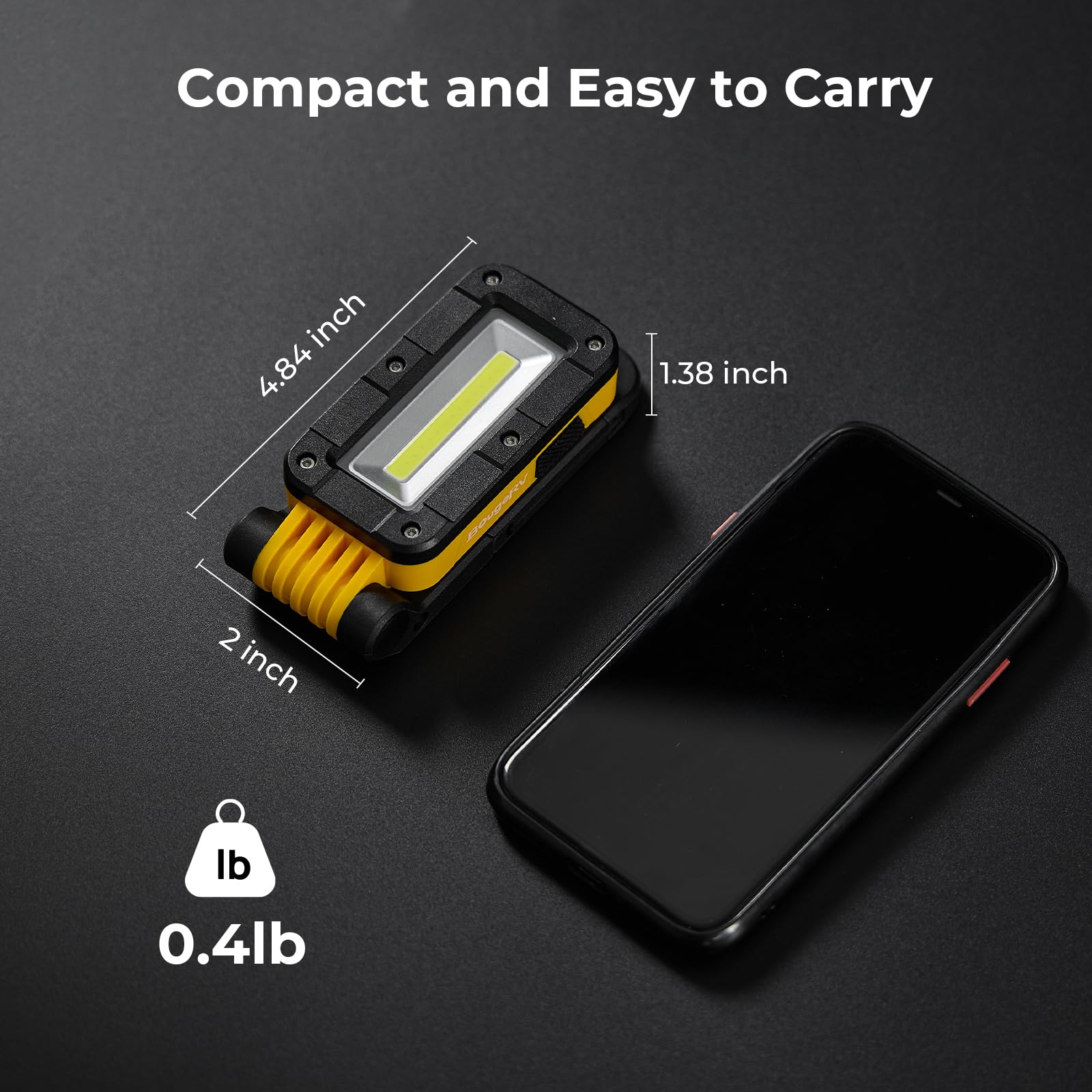 BougeRV WL01 PRO Work Light Rechargeable, 1500 Lumens Magnetic Inspection Light, Portable Lamp with 180° Rotating Stand & Hook, Multiple Lighting Modes for Car Repair, Camping, Outdoor, Emergency