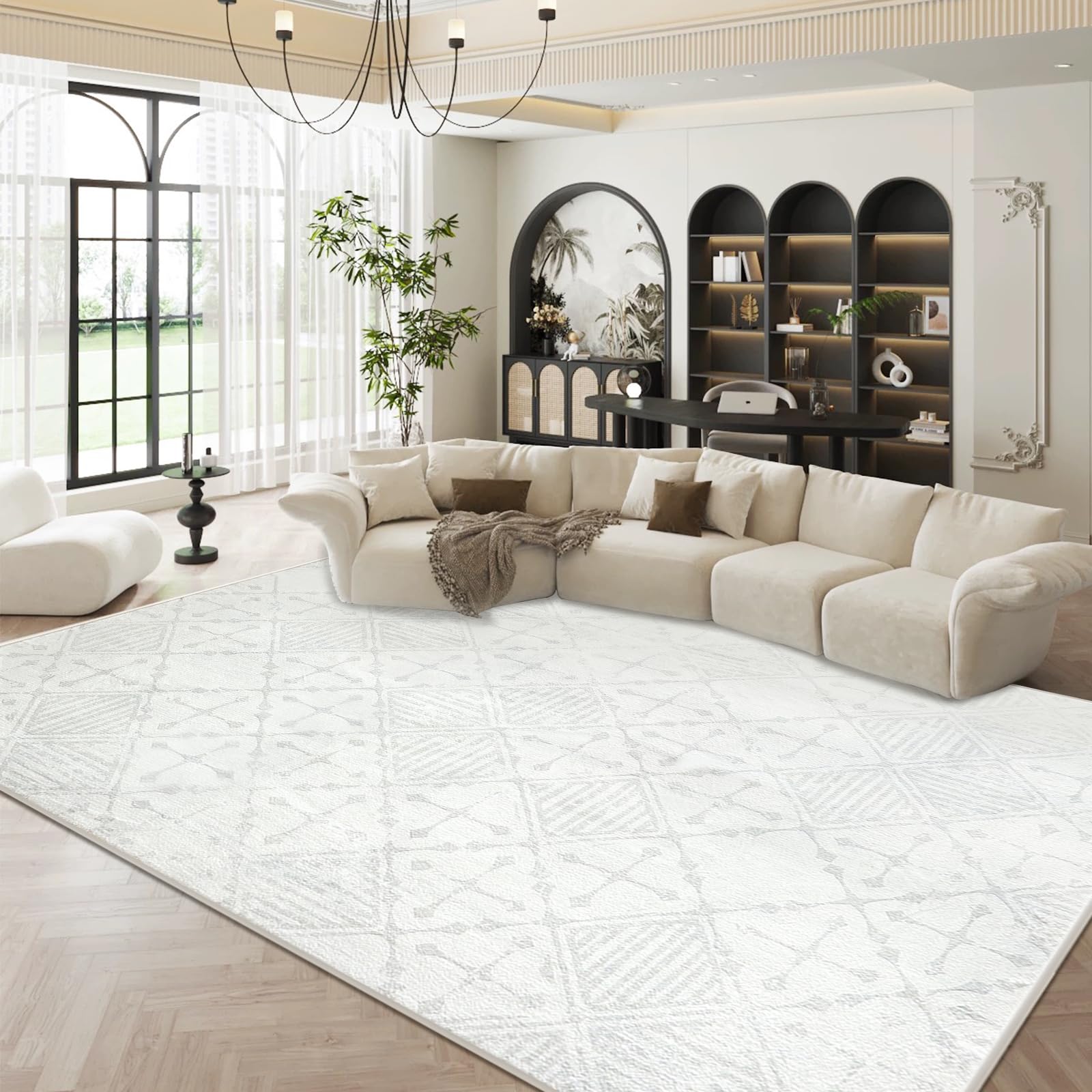 Leesentec Rugs Living Room Extra Large Rug 200x300cm Cream Grey White Abstract Modern Geometrical Short Pile Rugs Easy Care Soft Non-slip Carpet