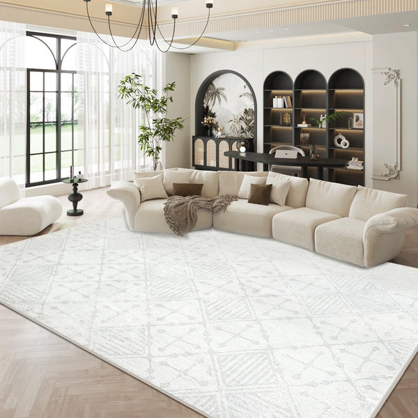Leesentec Rugs Living Room Extra Large Rug 200x300cm Cream Grey White Abstract Modern Geometrical Short Pile Rugs Easy Care Soft Non-slip Carpet