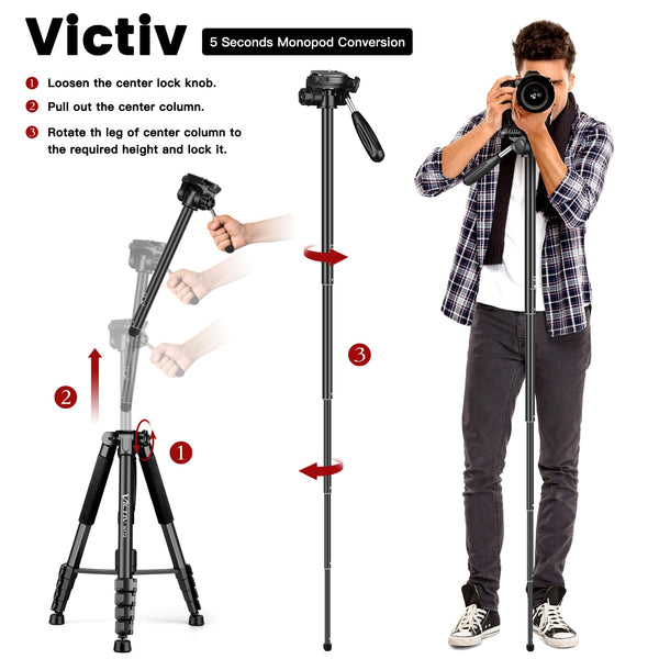 Victiv 72-inch Camera Tripod Aluminum Monopod T72 Max. Height 182cm- Lightweight and Compact for Travel with 3-way Swivel Head and 2 Quick Release Plates for DSLR Video Shooting - Black