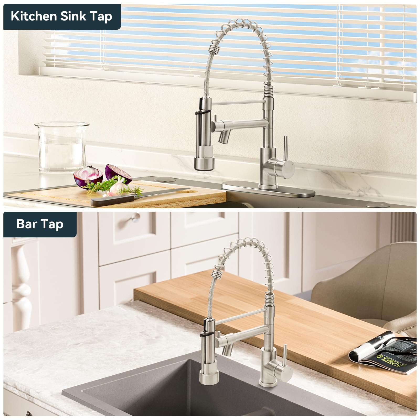 Warmiehomy 5 Modes Kitchen Taps Mixer with Pull Out Spray,High Arc 360° Swivel Dual Spout Pull Down Stainless Steel Kitchen Sink Taps,Brushed Nickel