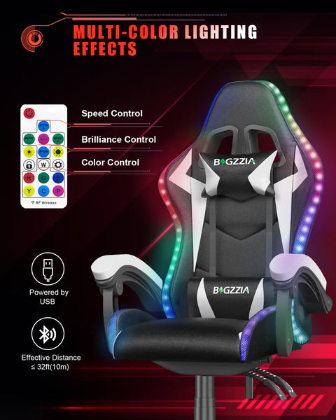 Racingreat Gaming Chair with Led Lights, Video Game Chair, Ergonomic RGB Gaming Chair for Adults, Height Adjustable Reclining Computer Chair with Headrest and Lumbar Support (With RGB, Black)