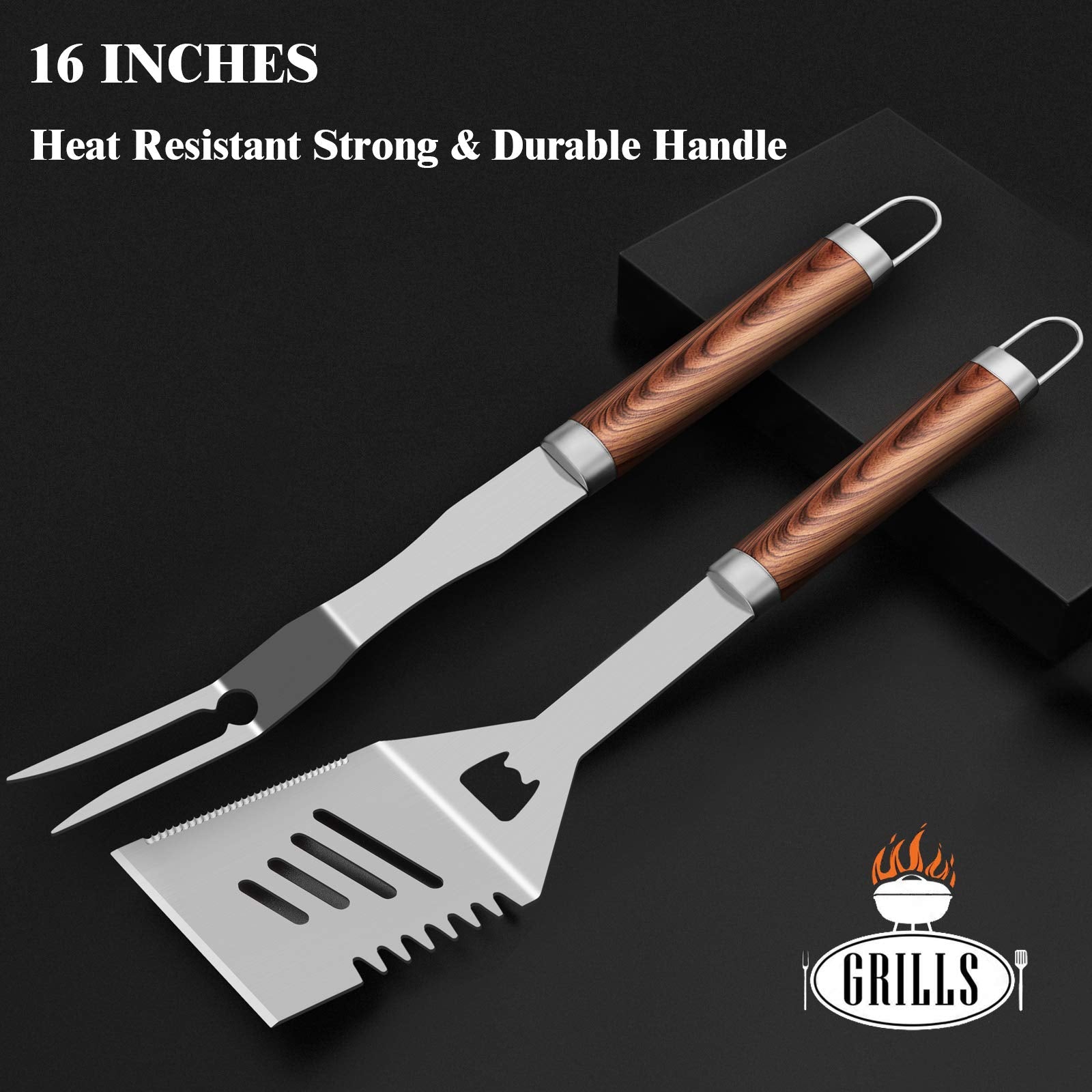 ROMANTICIST 26pcs Extra Thick Stainless Steel Grill Tool Set for Men, Heavy Duty Grilling Accessory Kit for Backyard, BBQ Utensils Gift Set with Meat Thermometer in Aluminum Case for Birthday Brown