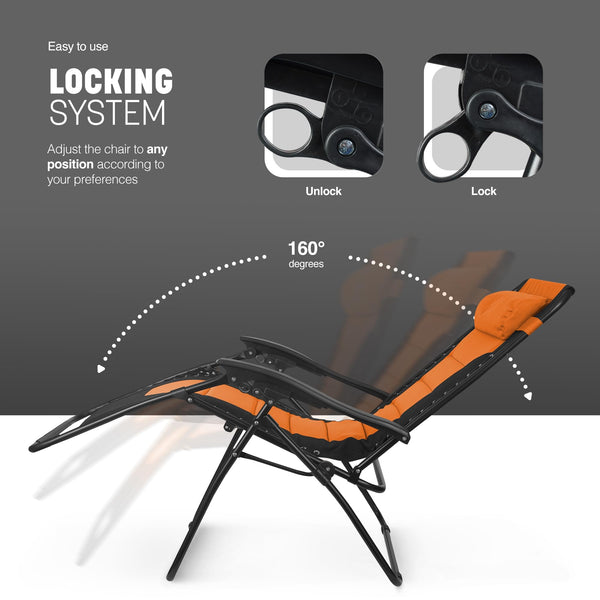 KEPLIN Set of 2 XXL Premium Heavy Duty Padded Zero Gravity Chairs - Luxurious Garden Recliners, Adjustable Headrest, Cup & Phone Holder, Foldable, Easy to Clean Patio Sun Loungers(Black)