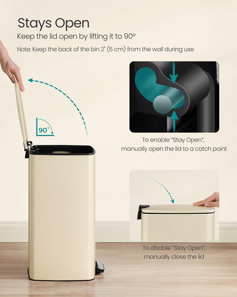 SONGMICS Kitchen Bin, 8-Gallon (30 L) Trash Bin, Steel Pedal Bin, with Inner Bucket, Soft Close and Stays Open, Ink Black LTB593B02