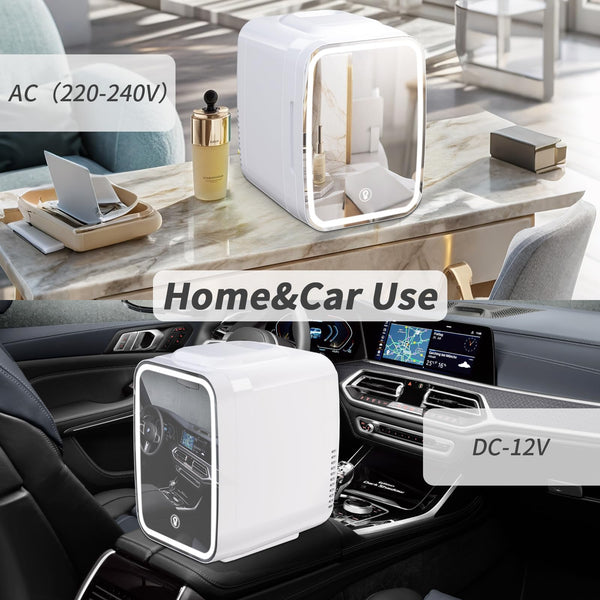 YASHE Mini Fridge for Bedroom, Skincare Fridge with LED Light Mirror, 4L Small Fridge Portable,220V AC/ 12V DC Thermoelectric Warmer & Cooler for Car Office Dorm(Blue)