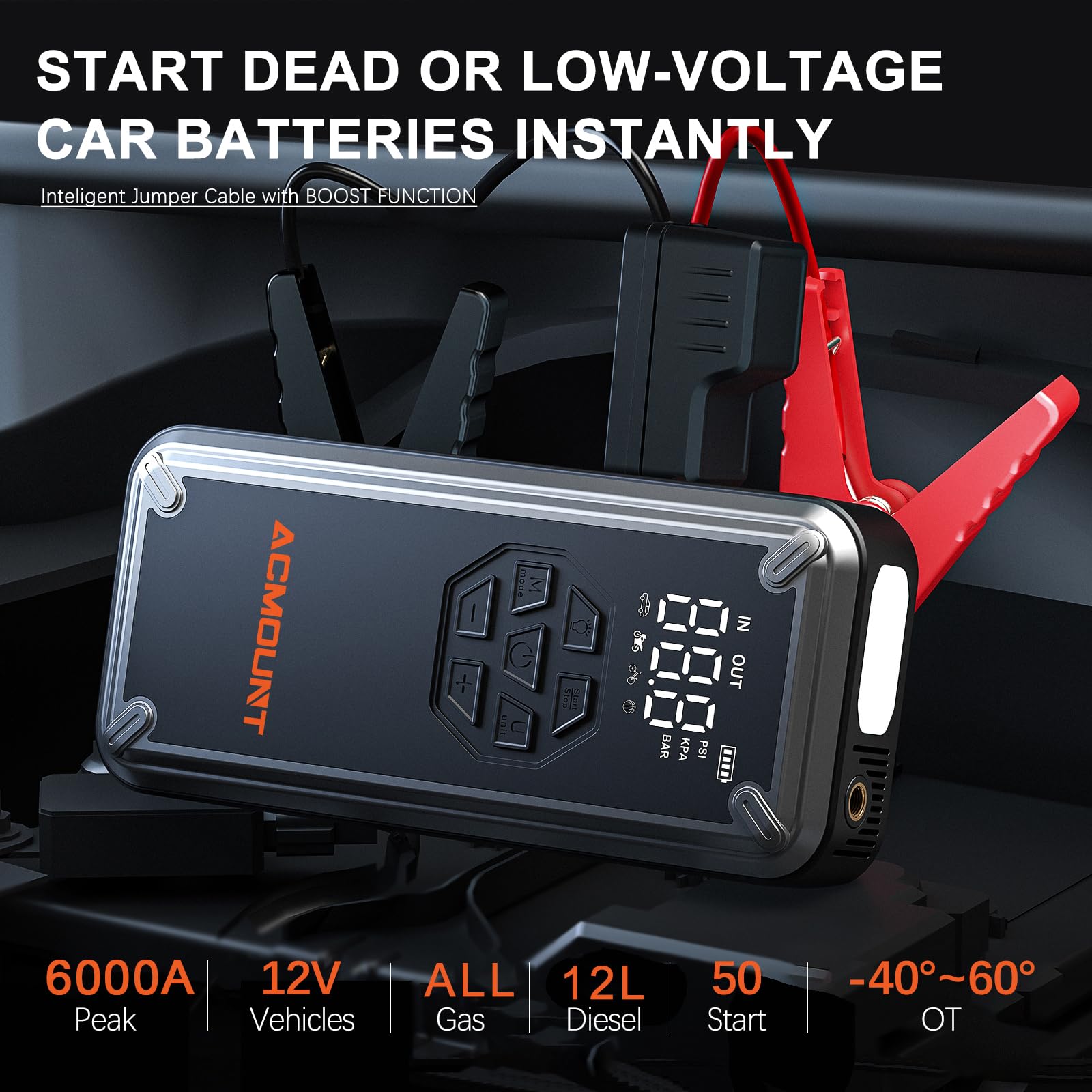 Acmount 5000A Jump Starter Power Pack, 12V Car Battery Booster Jump Starter (Up to 10L Gas and 8L Diesel Engine), Portable Power Bank Jump Pack with Jump Leads, USB QC 3.0, Emergency LED Light