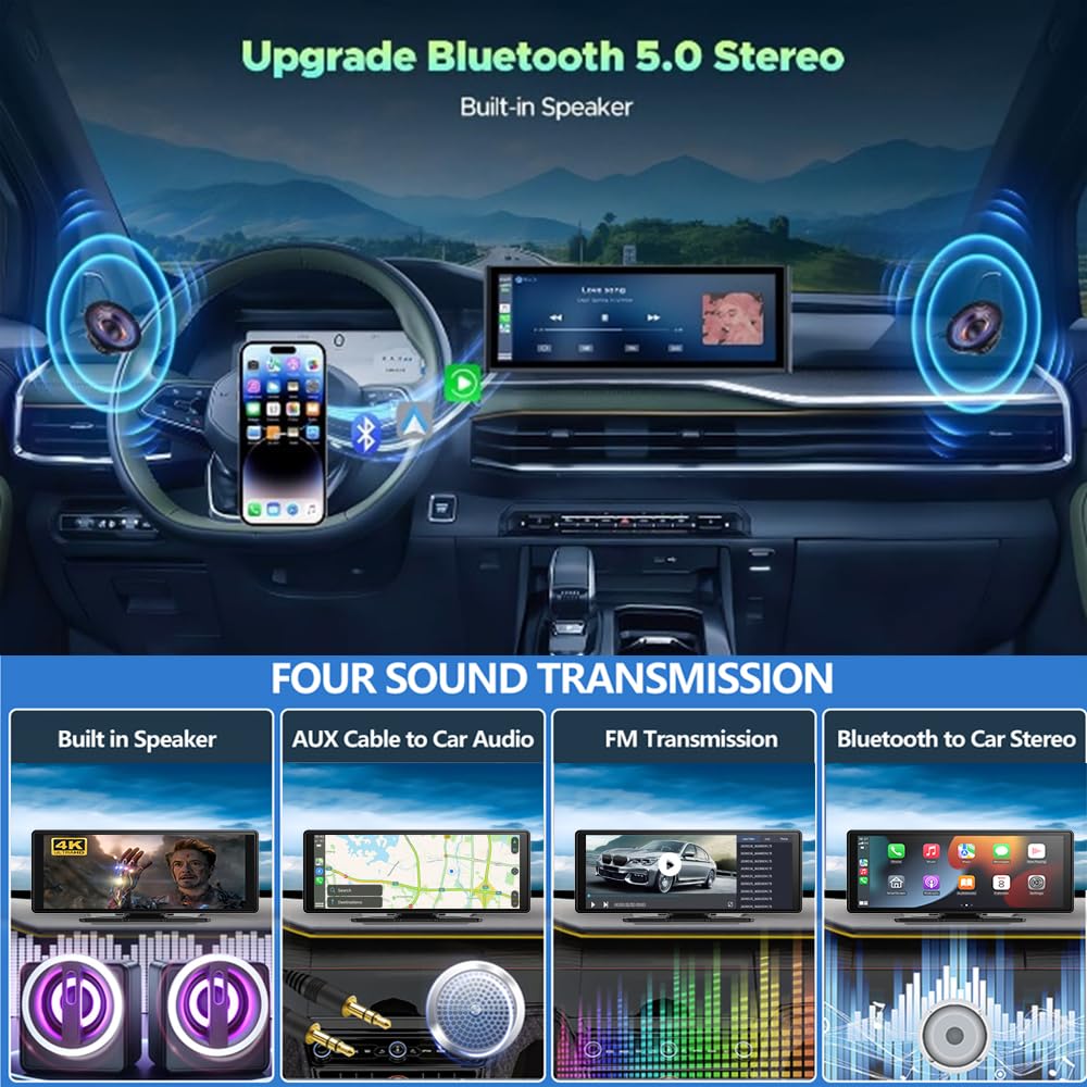 10.26" Wireless Carplay Screen 360 Rotation 4K Dash Cam Carplay & Android Auto Car Stereo Car Audio Receivers with 1080p Backup Camera GPS Navigation/Mirror Link/Voice Control/Siri
