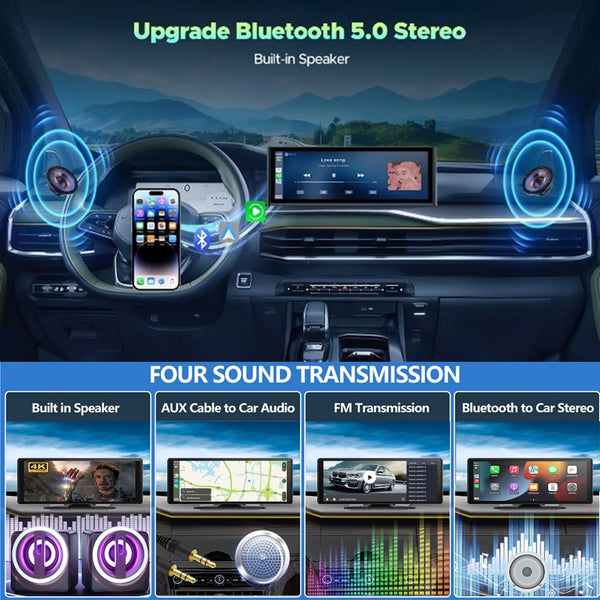 10.26" Wireless Carplay Screen 360 Rotation 4K Dash Cam Carplay & Android Auto Car Stereo Car Audio Receivers with 1080p Backup Camera GPS Navigation/Mirror Link/Voice Control/Siri