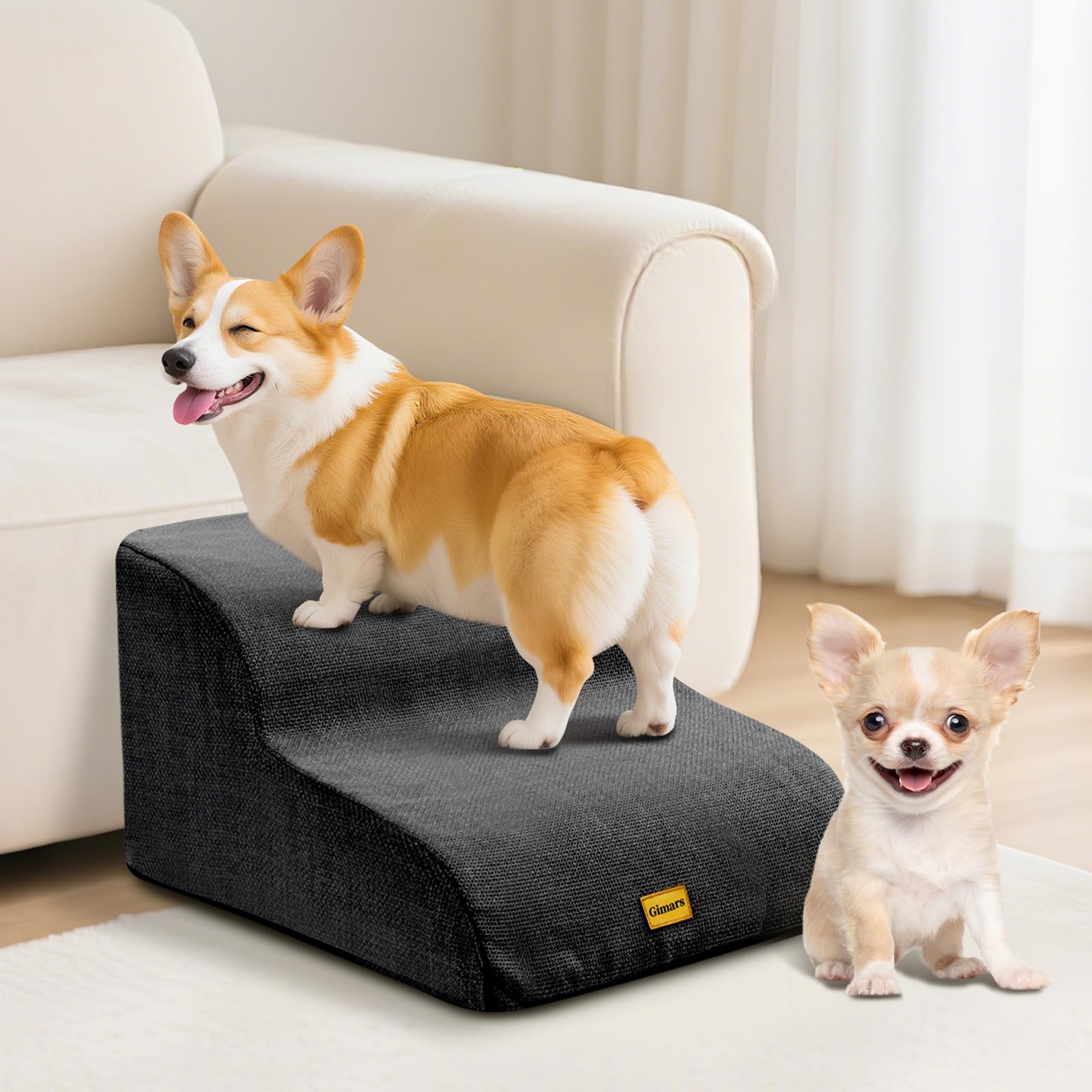 Gimars 30D High-Density Foam & Extra-Wide, Stable 3-Step Dog Stairs, 40cm High Pet Stairs with Washable Cover & Non-Slip Base, Portable Ramp for Small Dogs to Sofa, Bed, Couch, Car