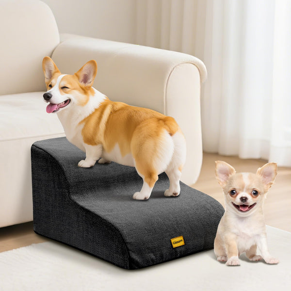 Gimars 30D High-Density Foam & Extra-Wide, Stable 3-Step Dog Stairs, 40cm High Pet Stairs with Washable Cover & Non-Slip Base, Portable Ramp for Small Dogs to Sofa, Bed, Couch, Car