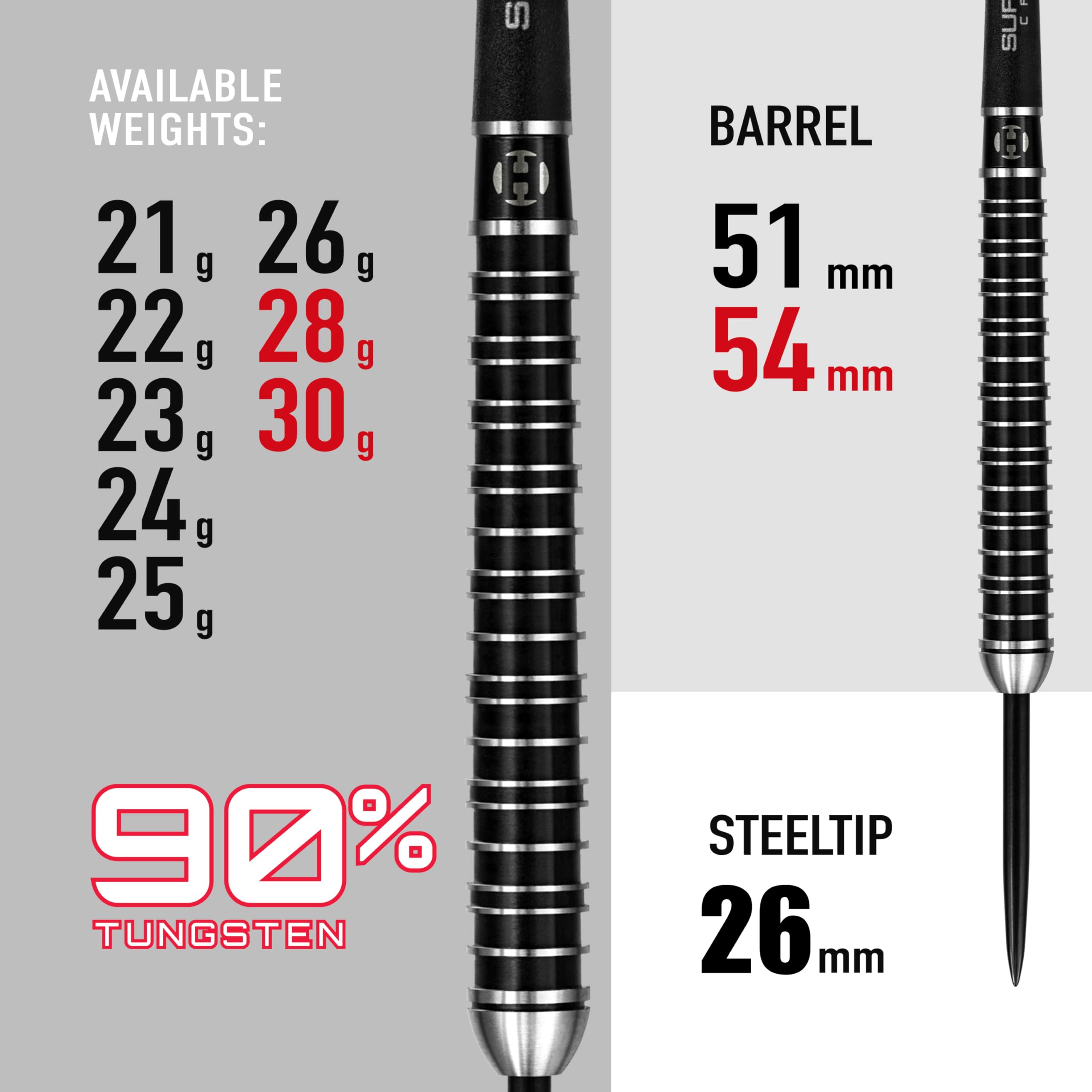 Harrows SUPERGRIP ULTRA 90% Tungsten Steel Tip Darts Set. Available in 21g, 22g, 23g, 24g, 25g, 26g, 28g & 30g - Includes Supergrip Carbon Shafts,