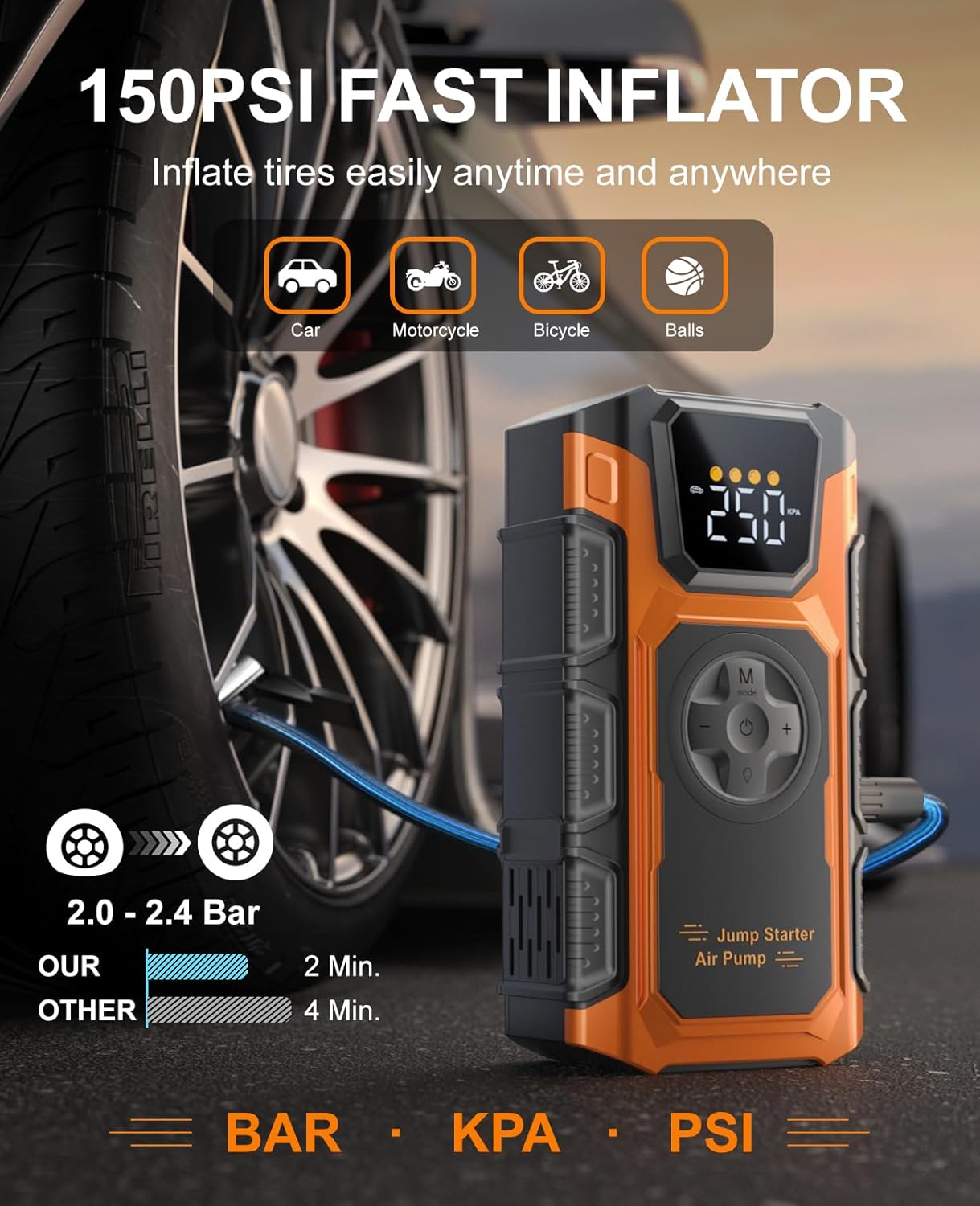 Jump Starter Power Pack with Air Compressor & Tyre Inflator, 5000A Car Battery Booster(for 10L Petrol or 8L Diesel) 12V Jump Starters Power Bank with Jump Leads, 18W Fast Charging, LCD Screen, LED