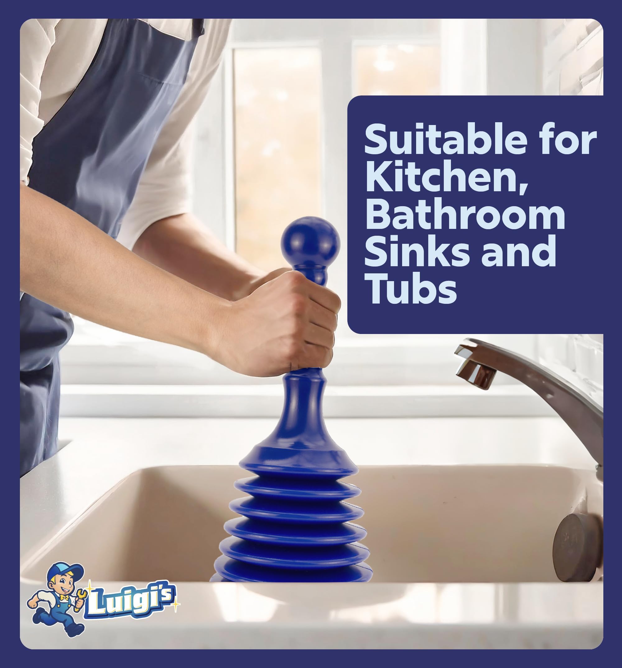 Luigi's Sink Plunger - Drain Plunger Sink Unblocker - Plungers for Unblocking - Drain Plungers for Bathroom Kitchen Bath Shower - Unblock Pump with Accordion Bellows