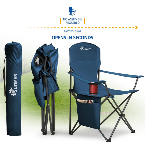 SUNMER Set of 2 Folding Camping Chairs, Extra-Wide Lightweight Outdoor Chairs with Armrests, Cup Holder and a Side Pocket, 120kg Capacity per Chair - Black