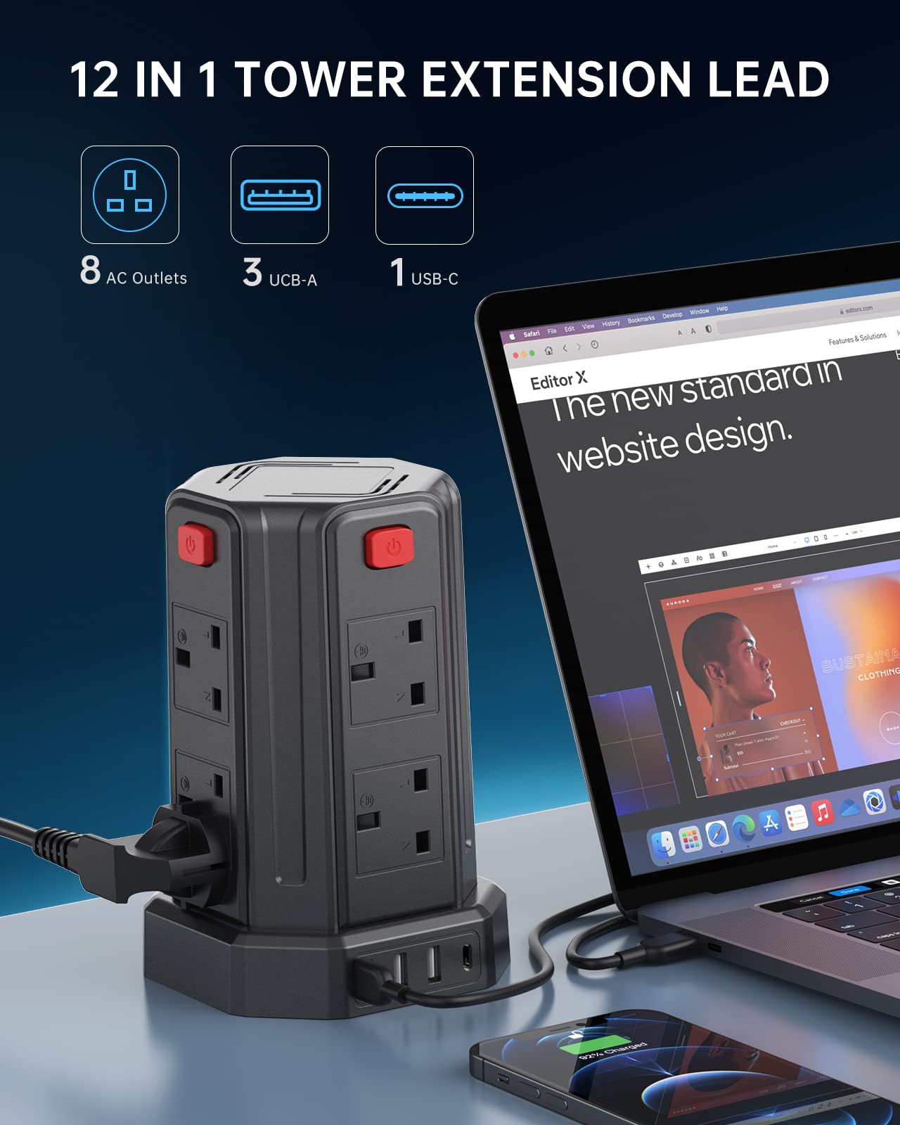 Tower Extension Lead, (3250W 13A) Extension Tower 8 AC Outlets & 4 USB Ports, Surge Protection Extension Lead with 4 Independent Switch, 17W USB C Ports Extension Cable 3M for Office, Home, Kitchen