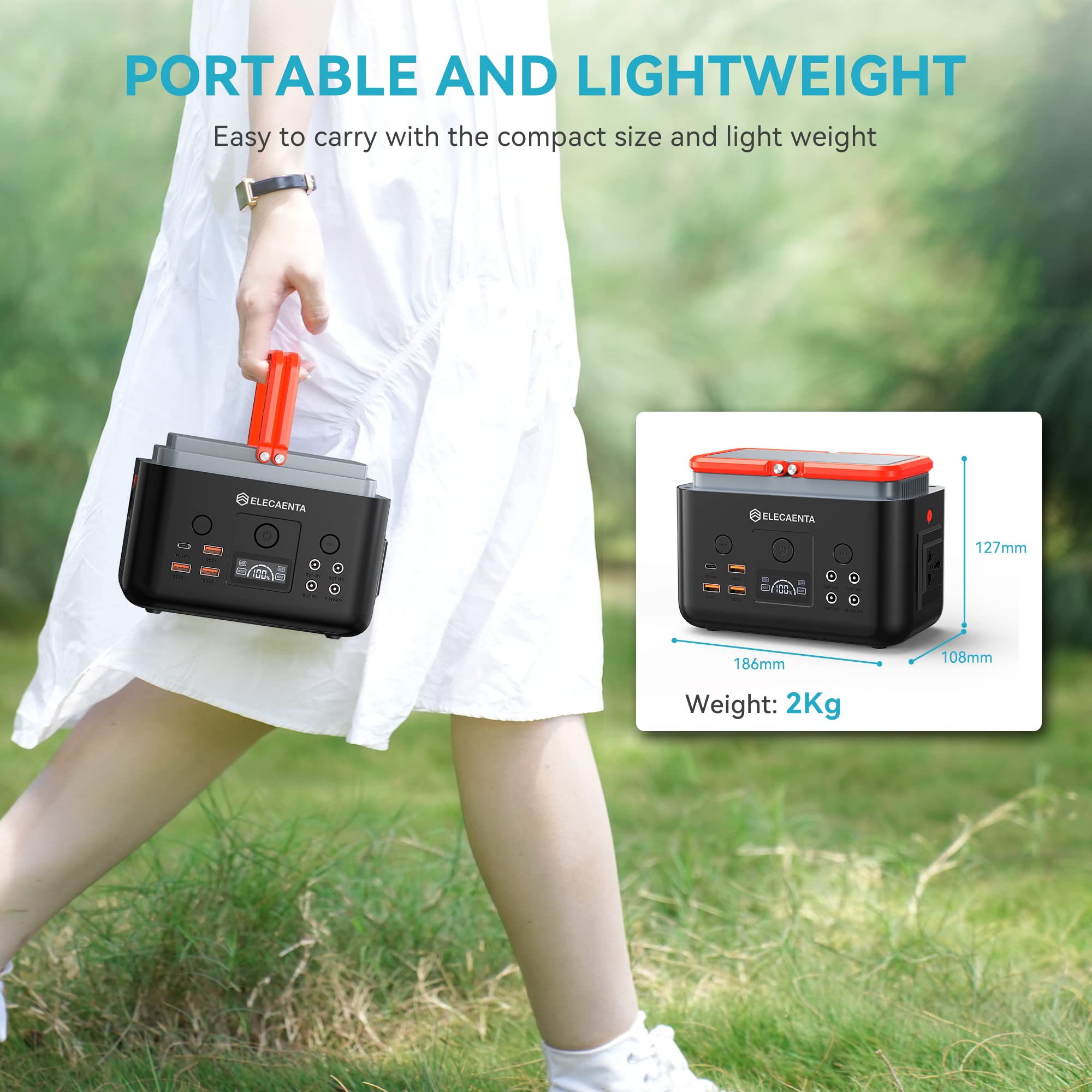 ELECAENTA Portable Power Station, 200Wh LiFePO4 Battery 6x Lifespan, AC200W (Peak 400W) Pure Sine Wave, Ultra-Light 2KG, Solar Generator for Outdoor Camping RVs Home Use