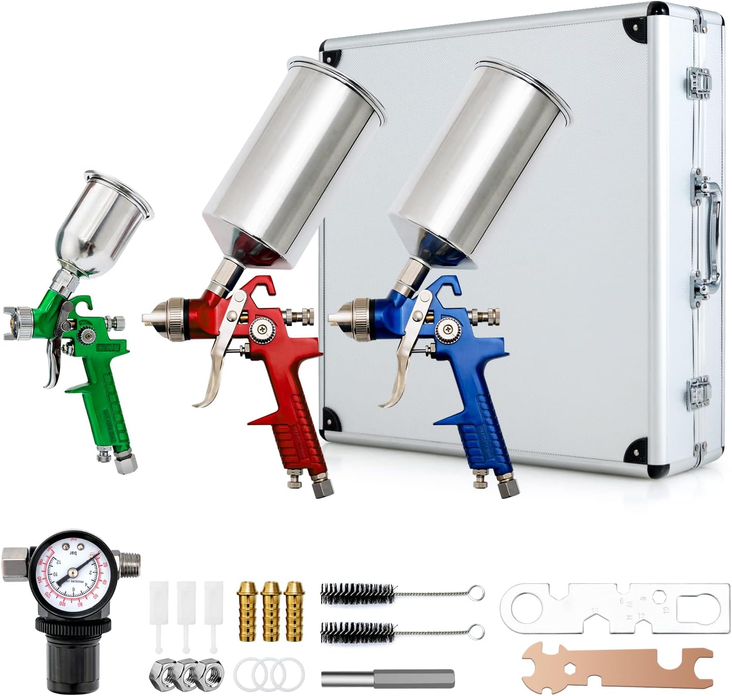 COSTWAY HVLP Air Spray Gun Set with 1.0mm 1.4mm 1.7mm Nozzle, 3pcs Auto Gravity Feed Spray Gun with Air Regulator & 100CC/1000CC Aluminum Cup, Automotive Paint Spray Guns for Car Furniture Primer