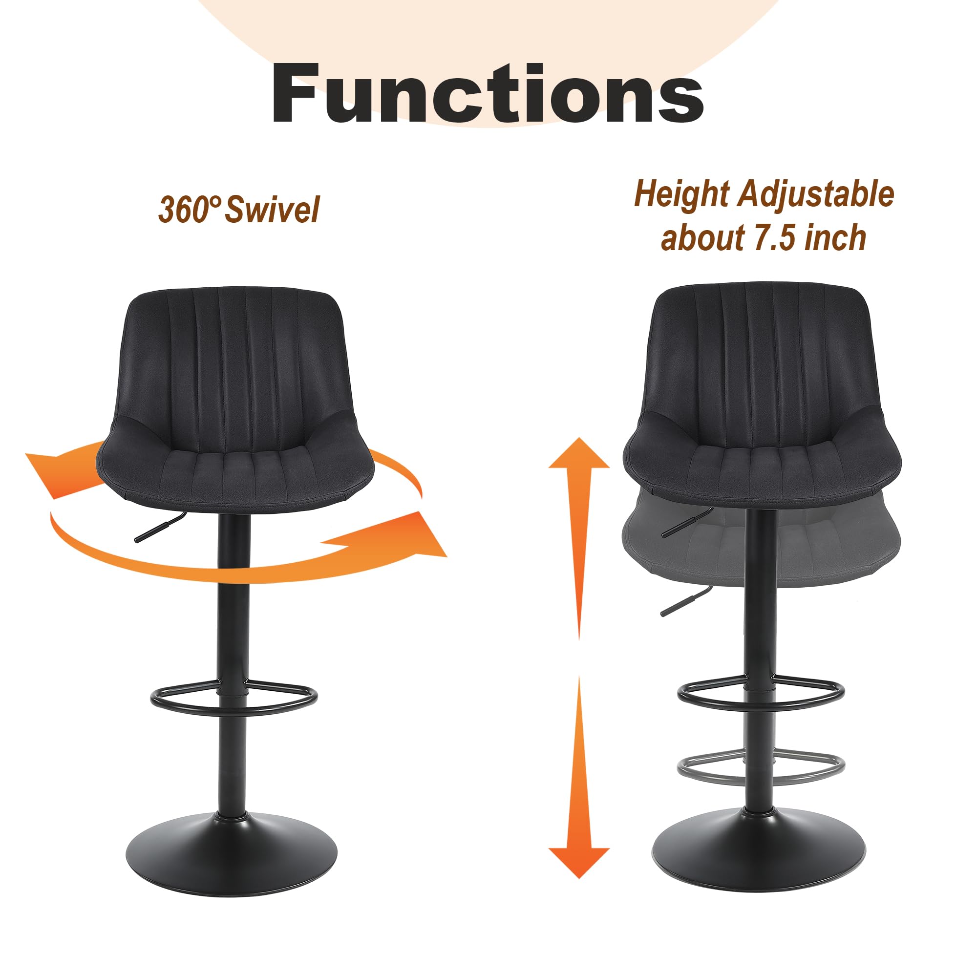 Youhauchair Bar Stools Set of 2, Swivel Counter Height Barstools with Back, Adjustable PU Leather Bar Chairs, Modern Armless Kitchen Island Stool, Black