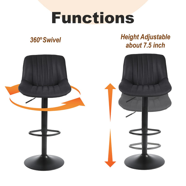 Youhauchair Bar Stools Set of 2, Swivel Counter Height Barstools with Back, Adjustable PU Leather Bar Chairs, Modern Armless Kitchen Island Stool, Black