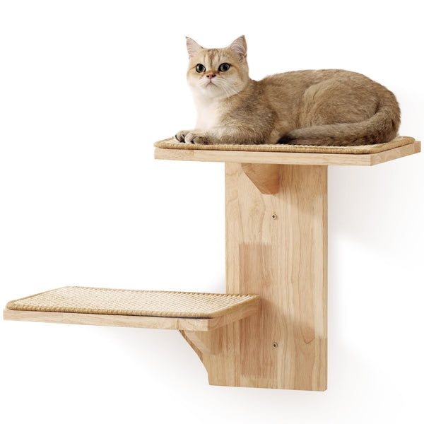 FUKUMARU Cat Wall Shelves, 2 Platform Wall-Mounted Furniture, Tree Shape Floating Shelf With Sisal Mat, Solid Rubber Wood Perch for 16 Inch Drywall,