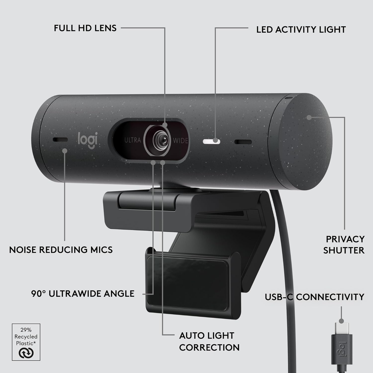 Logitech Brio 500 Full HD Webcam with Auto Light Correction, show Mode, Dual Noise Reduction Mics, Webcam Privacy Cover, Works with Microsoft Teams, Google Meet, Zoom, USB-C Cable, Streaming -Graphite