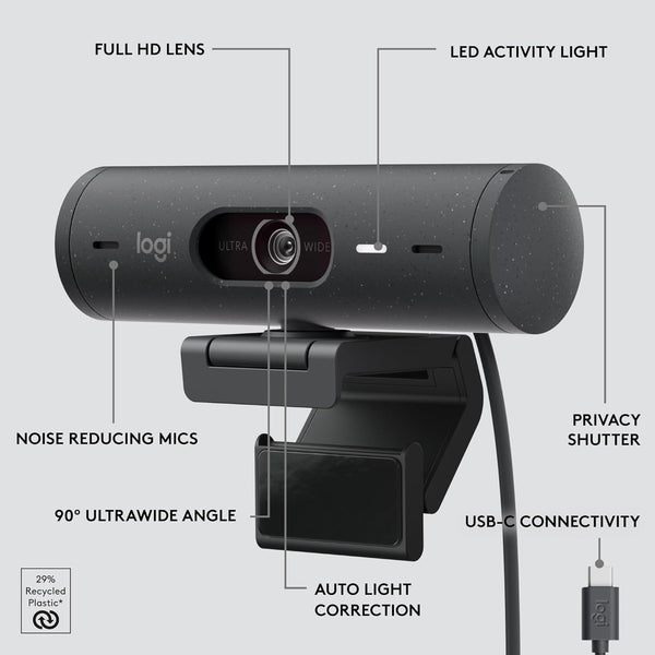 Logitech Brio 500 Full HD Webcam with Auto Light Correction, show Mode, Dual Noise Reduction Mics, Webcam Privacy Cover, Works with Microsoft Teams, Google Meet, Zoom, USB-C Cable, Streaming -Graphite