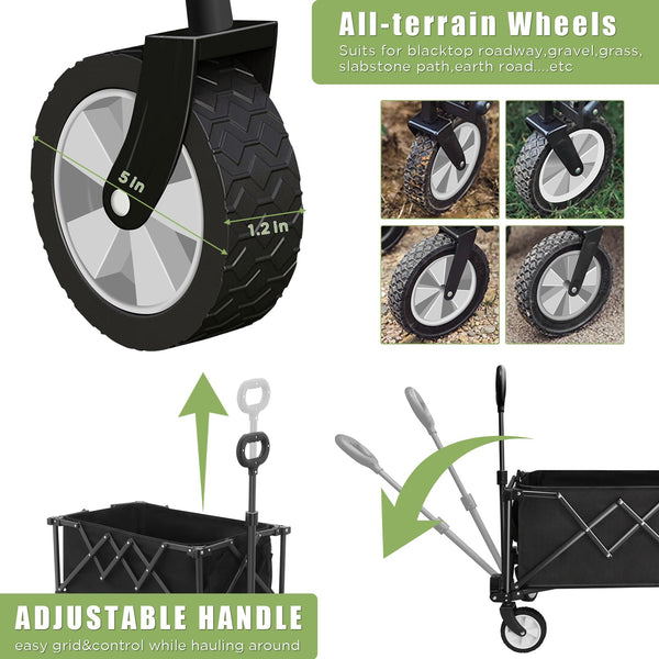 Foldable Cart on Wheels, Folding Wagon 220LBS/100kg Large Capacity All Terrain Wheels with Adjustable Handle & Cover Bag, Picnic Transporter for