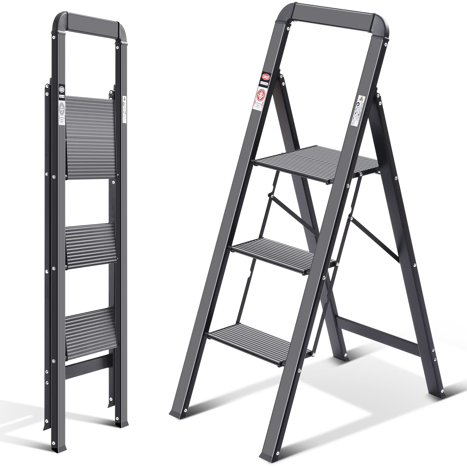 KINGRACK 2 Step Ladder with Handrail, Non-Slip Household Ladder with Folding Safety, Aluminium Folding Step Stool, Maximum Load 150 kg, Black