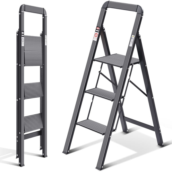 KINGRACK 2 Step Ladder with Handrail, Non-Slip Household Ladder with Folding Safety, Aluminium Folding Step Stool, Maximum Load 150 kg, Black